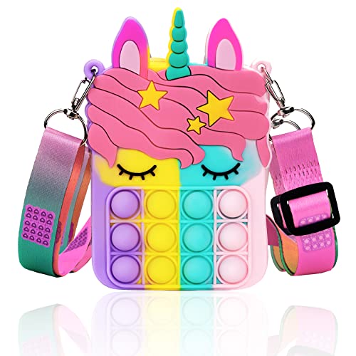 Accevo Einhorn Pop It Tasche, 2 in 1 - Fidget Toys - Taschen Umhängetasche mit Längenverstellbarem Tragegurt, Pop It Einhorn Tasche für Erwachsene Kinder von Accevo