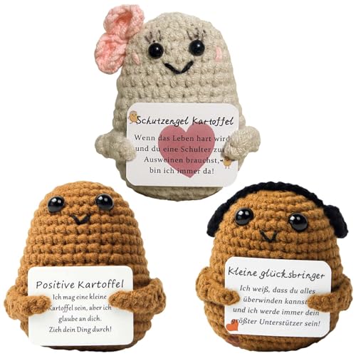 Accokids 3PCS Positive Kartoffel Deutsch,Pocket Hug Positive Potato aus Wolle, Aufmunterung Geschenke mit positiver Energie Karten für Familie, Freunde, Kollegen, Männer, Frauen von Accokids