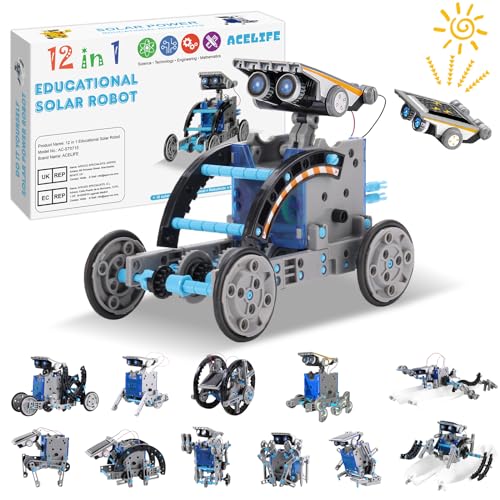 Solar Roboter Spielzeug für Kinder, 12-in-1 Solar Robot Kit DIY Bauspielzeug Experimente Spielzeug Bausatz, MINT-Fächer, Junge ab 8 9 10 11 12 13 Jahren (Blau) von ACELIFE