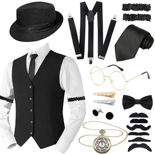 Acehome 1920er Jahre Herren-Kostüm-Zubehör-Set für Erwachsene, Retro-Gentleman-Outfit mit Weste, Fedora-Hut, Schwarz, 4XL von Acehome