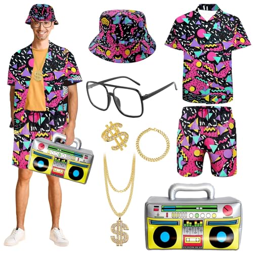 8 Stück 80er 90er Jahre Outfit für Herren 80er Jahre Trainingsanzüge Shirts und Shorts Set Hip Hop Verkleidung für Hawaii Disco Rocker Party, Rot/Ausflug, einfarbig (Getaway Solids), L von Acehome