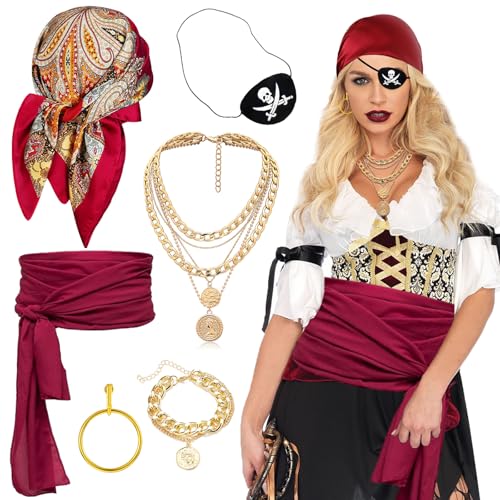 Piratenkostüm-Set für Damen, Piraten-Zubehör mit Bandana, Hut, Kopftuch, Augenklappe, Schärpe, Gürtel für Party-Outfit, 6-teilig, Rot/Ausflug, einfarbig (Getaway Solids), Einheitsgröße von Acehome