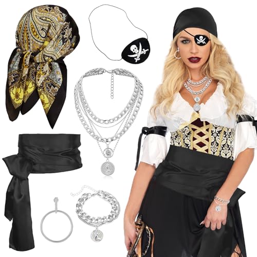 Piratenkostüm-Set für Damen, Piraten-Zubehör mit Bandana, Hut, Kopftuch, Augenklappe, Schärpe, Gürtel für Party-Outfit, 6-teilig, Schwarz, Einheitsgröße Piratenkostüm-Set für Damen, Piraten-Zubehör mit Bandana, Hut, Kopftuch, Augenklappe, Schärpe, Gürtel für Party-Outfit, 6-teilig, Schwarz, Einheitsgröße von Acehome
