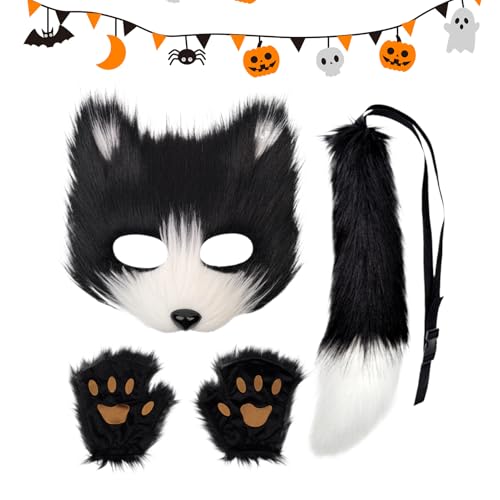 Aceirropy Fox Face Cover Tail Set - Furry Fox Face Cover Tail Paw Gloves Set | Realistische Urlaub Tier Outfit Set, Lustiges Cosplay Kostüm für Kinder und Erwachsene von Aceirropy