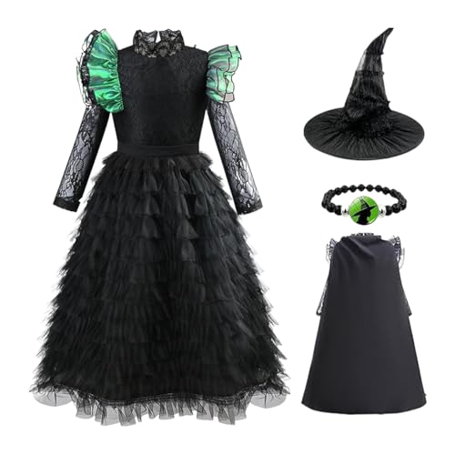 Aceirropy Halloween Hexenkostüm | Rüschenbesetztes Hexenkostüm Mit Hexenhut Und Umhang - Schwarzes Outfit Mit Umhang Hut Armband Für Kinder 5-12 Jahre Zu Karneval Gruselhaus Schulparty von Aceirropy