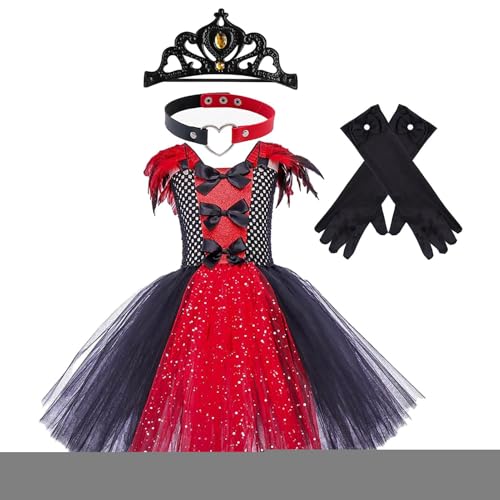 Aceirropy Vampirkleid für Mädchen, Vampirkostüm für Mädchen, Gothic Vampirkleid, Halloween-Gothic-Tüllkleid für 2–12 Jahre mit Krone, Handschuhen und Schlüsselbeinkette von Aceirropy