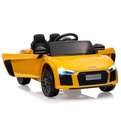 Elektroauto für Kinder, Audi R8 Spyder Lizenziertes Elektroauto für Kinder von 3–8 Jahren mit Kindersicherung, Scherentür, Federung, 3 Geschwindigkeiten, LED-Leuchten, Hupe,Gelb von Acekool