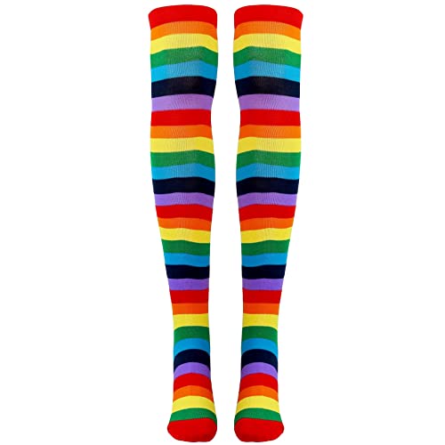 Acfthepiey Bunte Regenbogen-gestreifte Socken über dem Knie Clown gestreifte Kostüm hohe Strümpfe für Cosplay-Partys von Acfthepiey