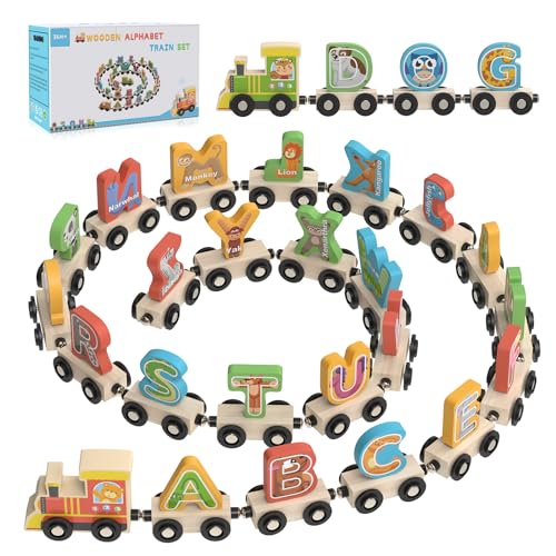 Achiyway Holzeisenbahn Alphabet Set, 28 Stück Magnetisches Fahrzeug Eisenbahn Set mit Englischen Alphabet,Zwei Lokomotiven und Tiere,Früherziehung Montessori Spielzeug für Kleinkinder ab 1 2 3 Jahre von Achiyway