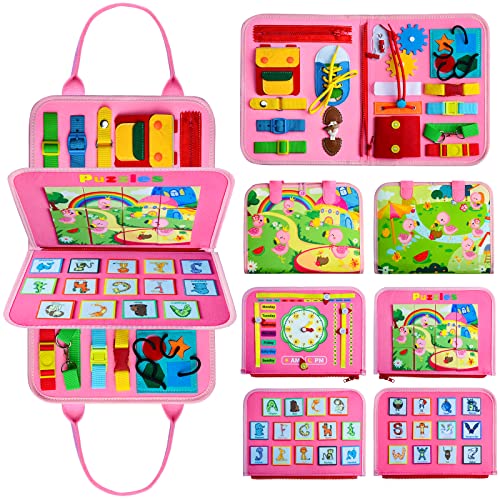Achiyway Busy Board 24-in-1,Activity Board Flamingo Rätsel Montessori Spielzeug ab 1 2 3 4 5 Jahr,Baby Kinder Motorik Sensorik Spiele für Selbstdressing Lernen, Rechtschreiben,Tier erkennen(Rosa) von Achiyway
