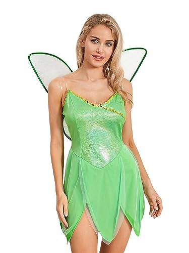 Achlibe Damen Glitzer Fee Korsett Minikleid mit Flügeln Elfe Prinzessin Cosplay Halloween Kostüme Rave Outfits (A-Hellgrün, L) von Achlibe