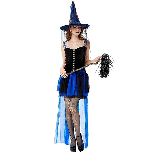 Achlibe Damen Halloween-Kleid, Tüll-Patchwork, Slip-Kleid, Hexe, Cosplay, Kleid mit Schleier, Hut, Mittelalter-Kostüm (Blau, M) von Achlibe