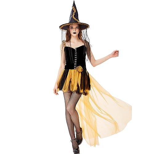 Achlibe Damen Halloween-Kleid, Tüll-Patchwork, Slip-Kleid, Hexe, Cosplay-Kleid mit Schleier, Hut, Mittelalter-Kostüm (Gelb, S) von Achlibe