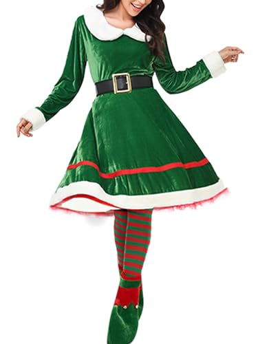 Achlibe Damen Mädchen Elfenkostüm Mrs Claus Kostüm Weihnachten Langarm Samt Weihnachtsmann Kleid mit Gürtel Cosplay Outfits (Mama, A-Grün, M) von Achlibe