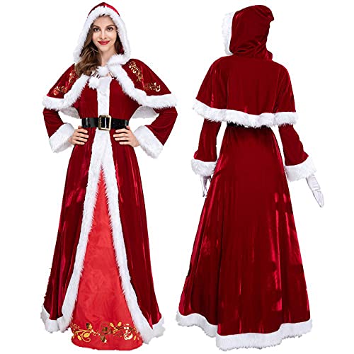 Achlibe Deluxe Weihnachten Mrs Santa Claus Kostüm Plüsch Samt Kleid + Schal Umhang Cape Hut + Bund + Handschuhe Outfits (A-Rot, L) von Achlibe