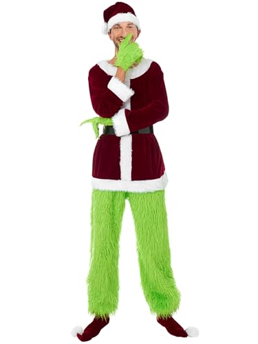 Achlibe Deluxe Weihnachten Weihnachtsmann Kostüm Tops + Hose + Gürtel + Handschuhe Pelzig Grün Monster Anzüge Cosplay Outfit (A-Grün, XL) von Achlibe