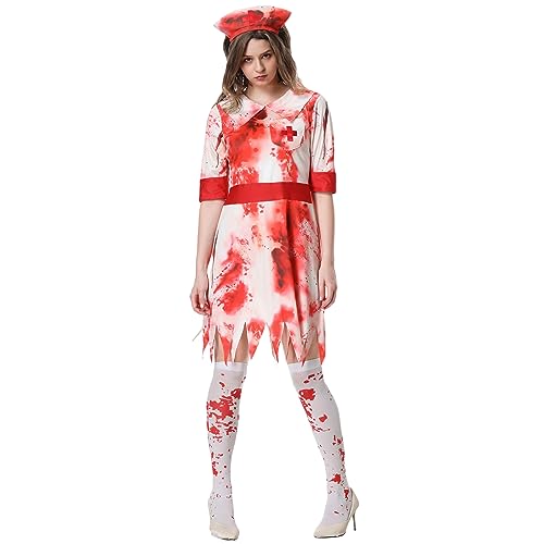 Achlibe Frauen Halloween Krankenschwester Kostüme Blutig Kurzarm Kleid mit Hut Cosplay Maskerade Rollenspiel Outfits (Weiß, XL) von Achlibe