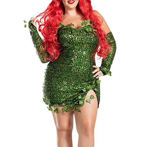 Achlibe Frauen Sexy Poison Ivy Halloween Kostüm, Feenkostüm mit falschen Blättern und Pailletten, Kleid mit Handschuhen (A-Green, L) von Achlibe