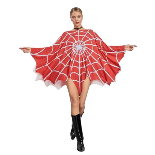 Achlibe Halloween-Poncho-Umhang für Damen, Spinnennetz-Umhang, Tag der Toten, Kostüme, Party, Cosplay, Outfit (A-Red, Einheitsgröße) von Achlibe
