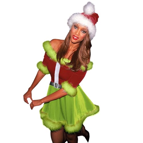 Achlibe Mrs Claus Kleid für Frauen Schulterfrei Samt Grün Pelziges Monster Kostüm Kleid + Weihnachtsmannmütze Outfit (A-Grün, M) von Achlibe