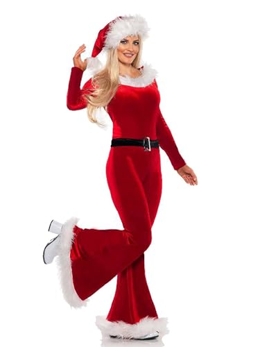 Achlibe Mrs Claus Kostüm für Damen, Weihnachts-Pelzbesatz, langärmelig, Glockenhose, ausgestellter Overall mit Weihnachtsmannmütze, Outfits (A-Rot, L) von Achlibe
