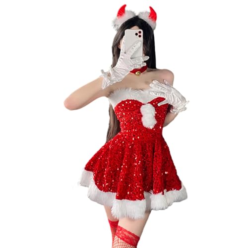 Achlibe Weihnachten Halloween Damen Weihnachten Cosplay Kostüm, Weihnachtsmann Samt Bunny Mädchen Dessous Party Cosplay Kleid Fancy Set (Rot 2, Einheitsgröße) von Achlibe