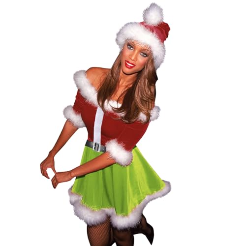 Mrs Claus Kleid für Frauen Schulterfreies Samt Grün Pelziges Monster Kostüm Kleid + Weihnachtsmannmütze Outfit (A-a-Weiß, XL) von Achlibe