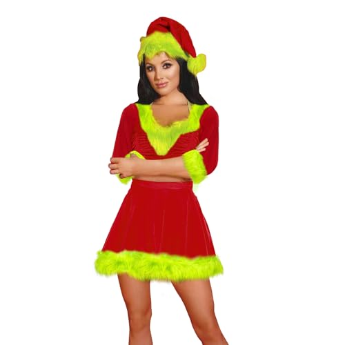Mrs Claus Kostüm für Damen Weihnachten Weihnachtsmann Kleid Plüsch Halbarm V-Ausschnitt Grün Monster Kleid + Hut Outfit (A-Weinrot, L) von Achlibe