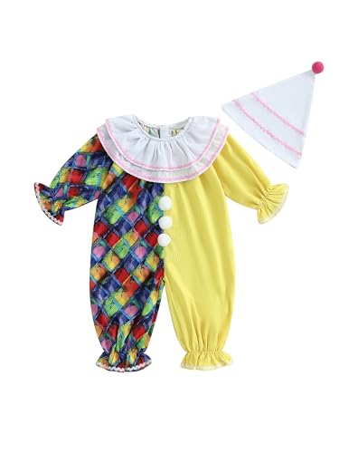 Acrawnni Clown-Kostüm für Kleinkinder, Baby, Jungen, Mädchen, lustiges Halloween-Outfit, Kontrastfarbe, langärmelig, Rüschen, mehrlagiger Overall mit Hut (A-Gelb, 6–12 Monate) von Acrawnni