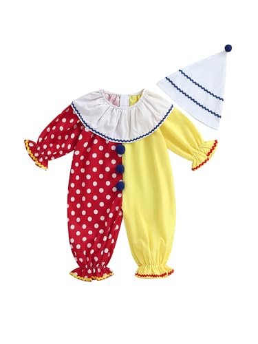 Acrawnni Clown-Kostüm für Kleinkinder, Baby, Jungen, Mädchen, lustiges Halloween-Outfit, Kontrastfarbe, langärmelig, Rüschen, mehrlagiger Overall mit Hut (A-Red, 18–24 Monate) von Acrawnni