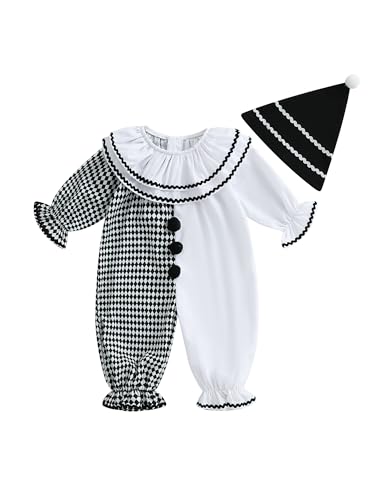 Acrawnni Clown-Kostüm für Kleinkinder, Baby, Jungen, Mädchen, lustiges Halloween-Outfit, Kontrastfarbe, langärmelig, Rüschen, mehrlagiger Overall mit Hut (A-Weiß, 12–18 Monate) von Acrawnni