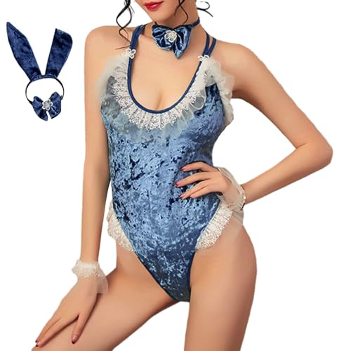 Acrawnni Damen Bunny Kostüm Ärmellos Spaghettiträger Samt Bunny Girl Bodysuit Stirnband Set Cosplay Kostüm (A-Blue, L) von Acrawnni