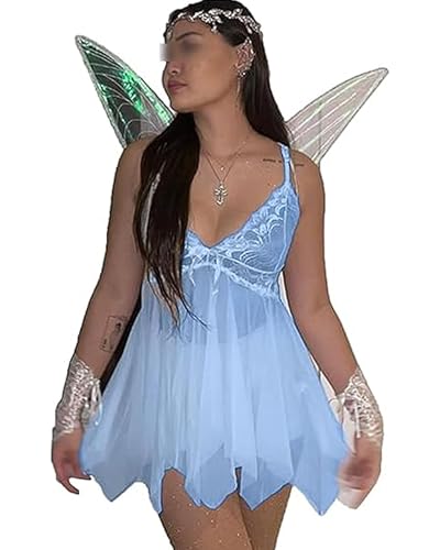 Acrawnni Damen Fee Prinzessin Kostüm Tinkerbell Waldfee Kostüm Halloween Wald Spitze Floral V-Ausschnitt Cami Kleid mit Flügel 2 Stück Outfits (A-Blue, S) von Acrawnni