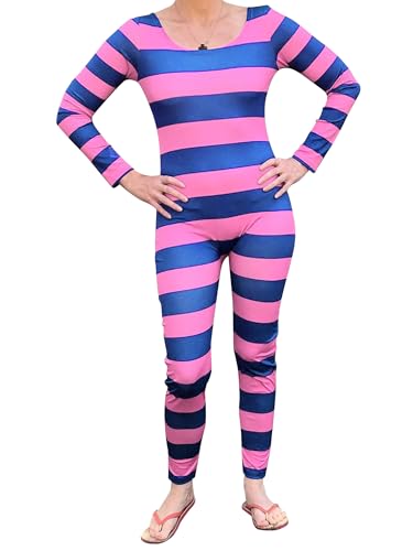 Acrawnni Damen Grinsekatze Halloween Kostüm Rosa Lila Gestreift Langarm Jumpsuit Party Cosplay Outfit Dress Up Kostüm (A-Pink Purple, M) von Acrawnni