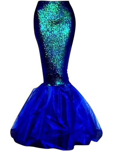 Acrawnni Damen Meerjungfrau Langer Schwanz Kostüm Pailletten Maxirock Cosplay Halloween Kostüm Kleid Erwachsene Rollenspiel Party Kostüme (A-Blue, L) von Acrawnni