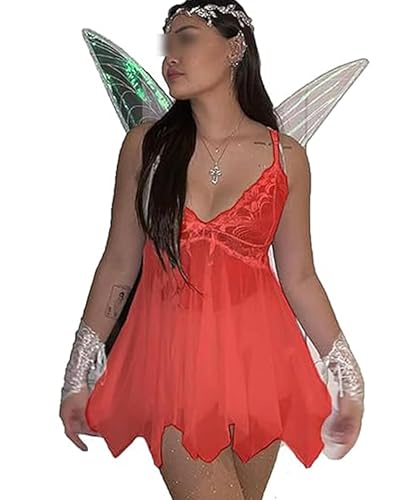 Acrawnni Damenkostüm Fee Prinzessin Tinkerbell Waldfee Kostüm Halloween Wald Spitze Floral V-Ausschnitt Cami Kleid mit Flügel 2 Stück Outfits (A-Red, L) von Acrawnni