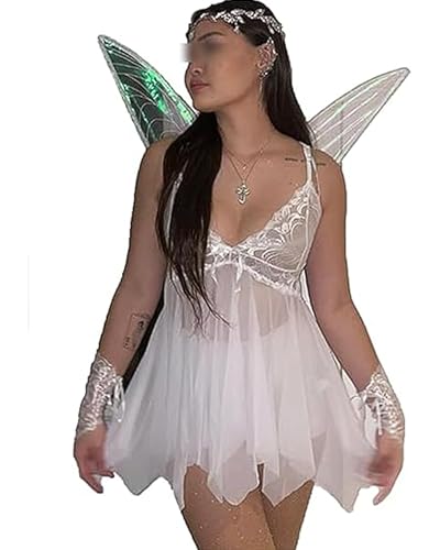 Acrawnni Damenkostüm Fee Prinzessin Tinkerbell Waldfee Kostüm Halloween Wald Spitze Floral V-Ausschnitt Cami Kleid mit Flügel 2 Stück Outfits (A-Weiß, S) von Acrawnni