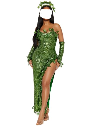 Acrawnni Damenkostüm für Halloween, Waldfee, Elfe, Cosplay, Kleid, ärmellos, Pailletten-Maxikleid + Handschuhe + Kopfbedeckung (A-Armeegrün, L) von Acrawnni