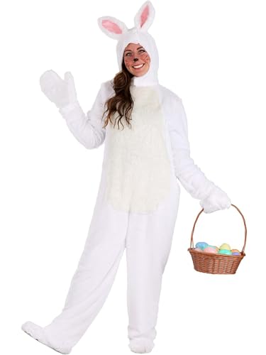 Acrawnni Familien-passendes Halloween-Hasenkostüm, Deluxe, langärmelig, Plüsch-Strampler, Kleid mit Hasenohren, Kapuze, Handschuhen, Schuhen, Set (A-Weiß, S) von Acrawnni