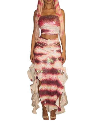 Acrawnni Halloween-Kostüm für Damen, Hai-Märchen-Lola-Kostüm, Maxirock-Set, Pailletten, trägerlos, Röhrenoberseite, geteilte Rüschen, langer Rock, Rave-Cosplay-Outfit (A-MULTI, L) von Acrawnni