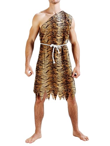 Acrawnni Halloween-Kostüm für Erwachsene, Höhlenmensch-Kostüm für Damen und Herren, Leopardenmuster, Overall mit Gürtel, Dschungel-Cosplay-Kostüm (mehrfarbig, Herren, Einheitsgröße) von Acrawnni
