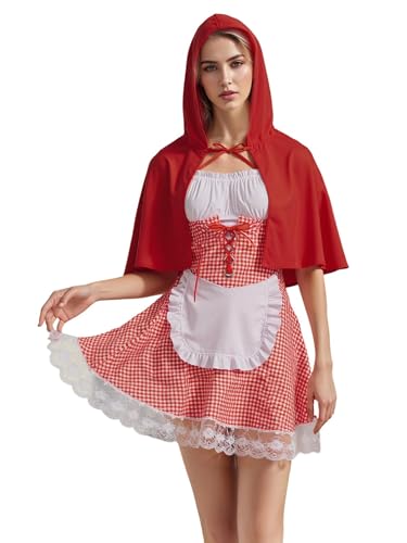 Acrawnni Halloween Miss Rotkäppchen Kostüm Märchen Kurze Puffärmel Plaid Print Mini Korsettkleid mit Kapuzenumhang (A-Red, L) von Acrawnni