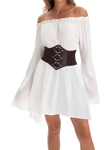 Acrawnni Halloween Renaissance-Bluse für Damen, Oberteil mit Korsett-Taillengürtel, mittelalterlich, viktorianisch, langärmelig, schulterfrei, Cosplay, Piratenkostüm (A-Weiß, XL) von Acrawnni