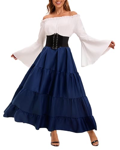 Acrawnni Halloween Renaissance Kostüm Damen Lange Glockenärmel Renaissance Mittelalter Korsett Gothic Hexenkleid Halloween Piraten Kostüme (A-Blau, S) von Acrawnni