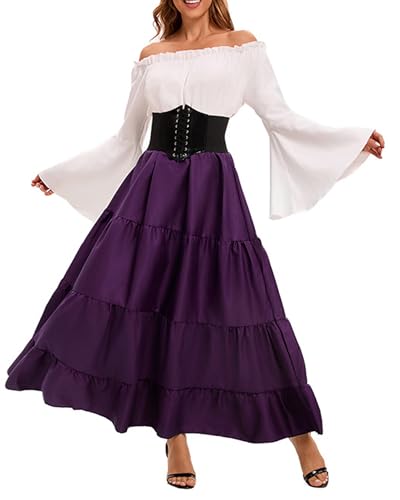 Acrawnni Halloween Renaissance Kostüm Damen Lange Glockenärmel Renaissance Mittelalter Korsett Gothic Hexenkleid Halloween Piraten Kostüme (A-Lila, S) von Acrawnni