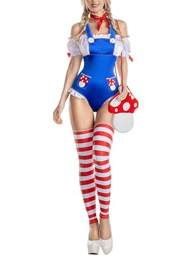 Acrawnni Pilzkostüme für Damen, schulterfrei, kurzärmelig, Overall, gestreifte Beinstulpen, Hut und Halsband, Halloween, Cosplay, Outfit (A-Blau, M) von Acrawnni