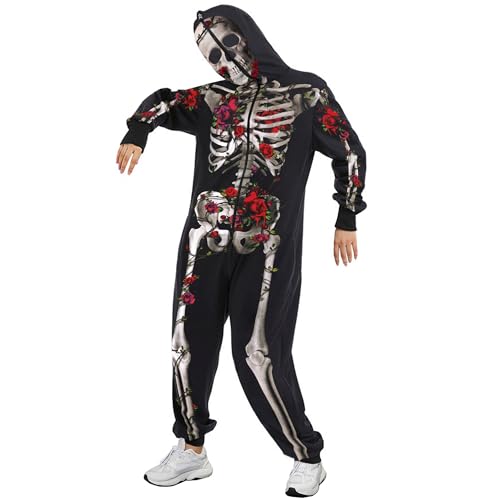 Acrawnni Unisex Erwachsene Halloween Skelett Kostüm Halloween Erwachsene Stitch Onesies Hoodie für Männer Frauen UK Unisex Overall (A-1, S) von Acrawnni