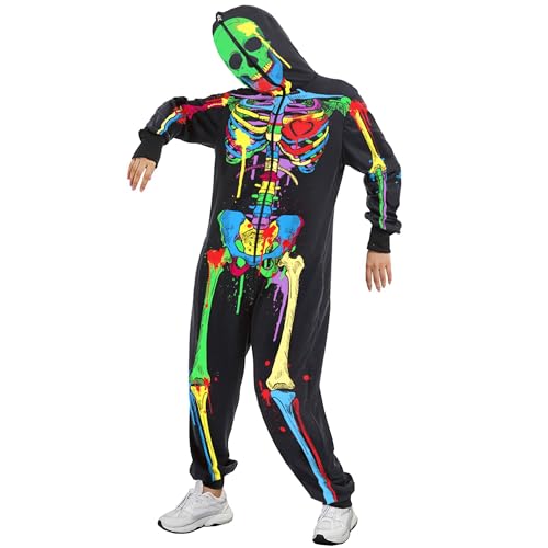 Acrawnni Unisex Erwachsene Halloween Skelett Kostüm Halloween Erwachsene Stitch Onesies Hoodie für Männer Frauen UK Unisex Overall (A-3, L) von Acrawnni