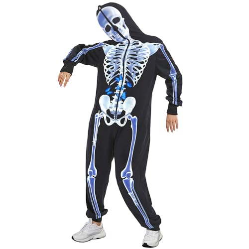 Acrawnni Unisex Erwachsene Halloween Skelett Kostüm Halloween Erwachsene Stitch Onesies Hoodie für Männer Frauen UK Unisex Overall (A-4, M) von Acrawnni