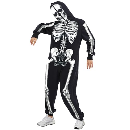 Acrawnni Unisex Erwachsene Halloween Skelett Kostüm Halloween Erwachsene Stitch Onesies Hoodie für Männer Frauen UK Unisex Overall (A-5, M) von Acrawnni